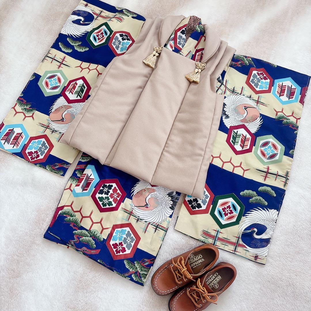 七五三　3歳　男の子　アンティーク　お着物　被布　セット　子供着物　青　鶴