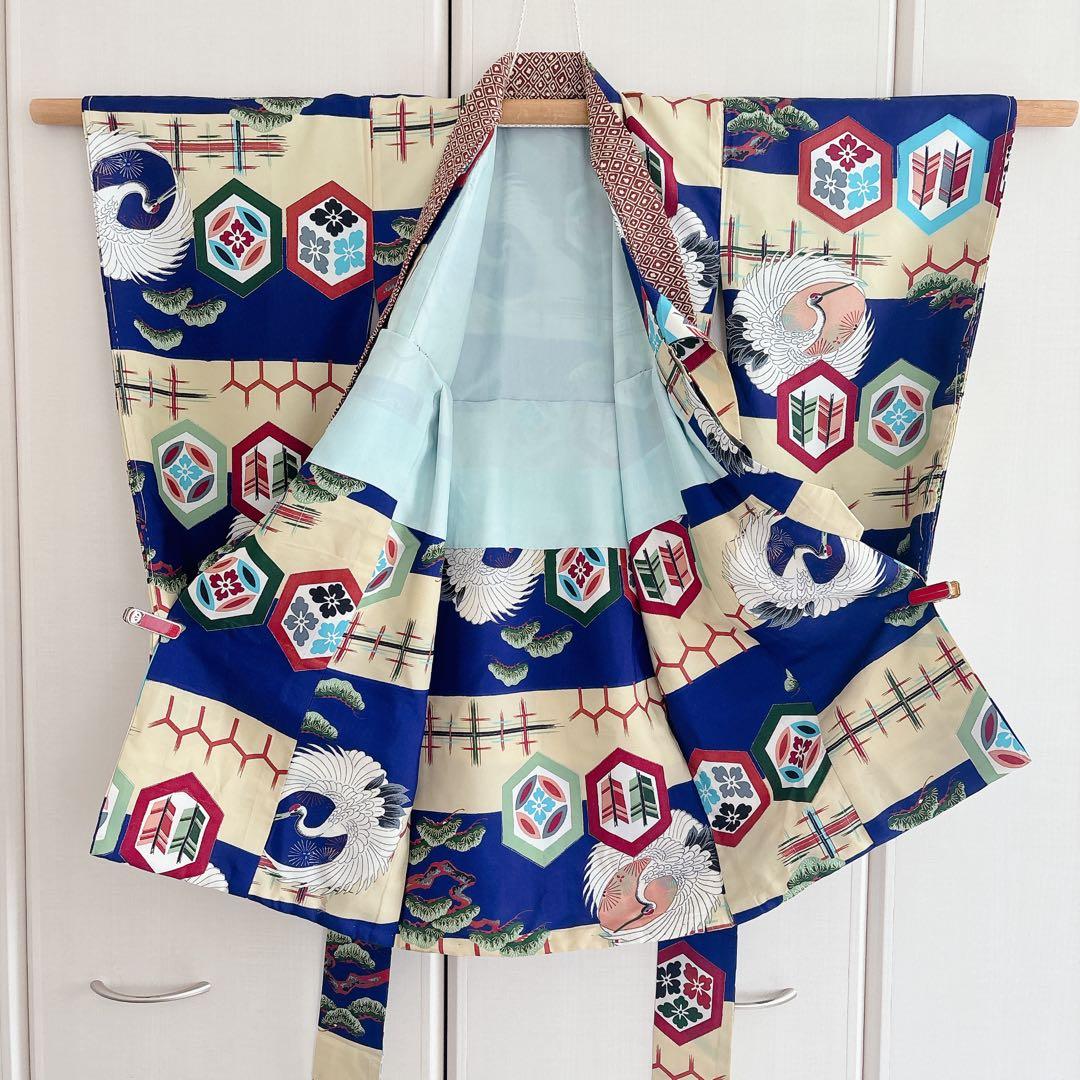 七五三　3歳　男の子　アンティーク　お着物　被布　セット　子供着物　青　鶴