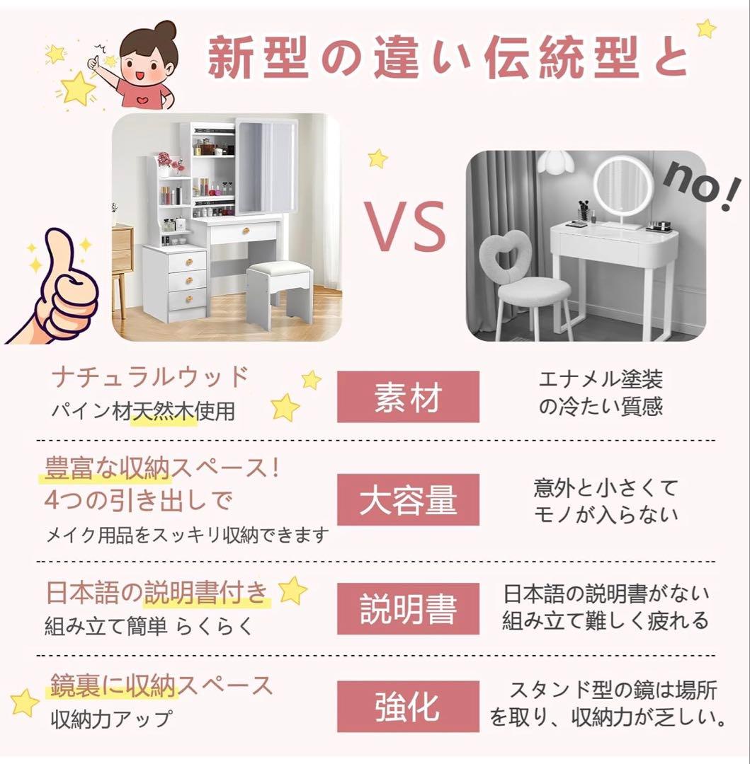 【新品未開封】ドレッサー 鏡台 コンパクト収納 化粧台 スライド式女優ミラー