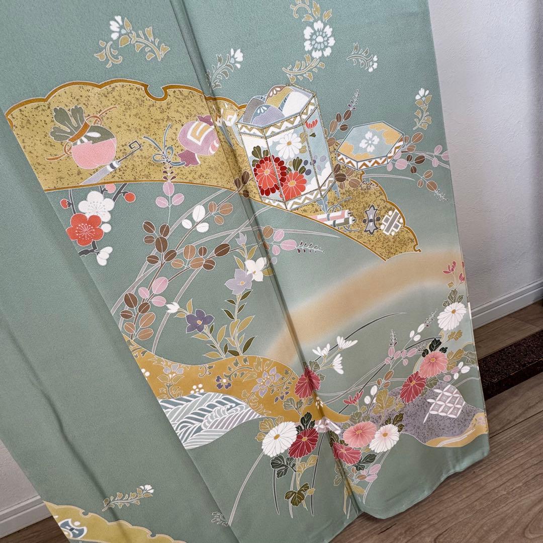 超美品　正絹　袷　訪問着　トールサイズ　春色　緑　裄長め　165裄69.5