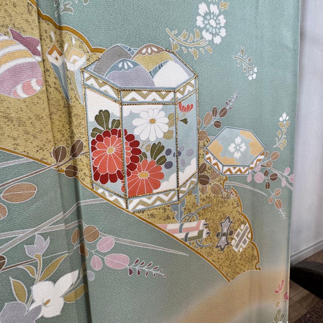 超美品　正絹　袷　訪問着　トールサイズ　春色　緑　裄長め　165裄69.5