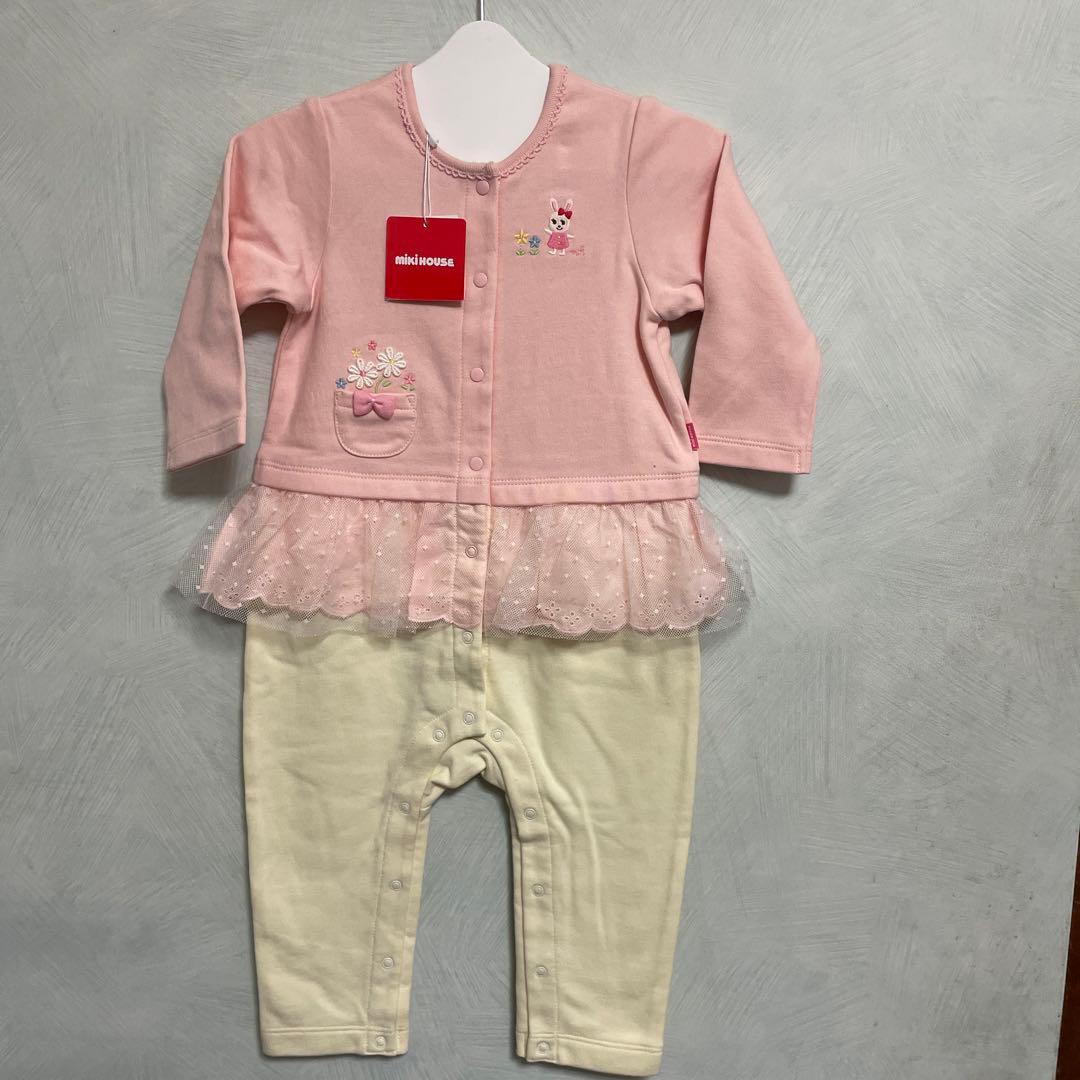 新品タグ付♡ミキハウス♡うさこレースフリルの可愛い〜カバーオール♡80