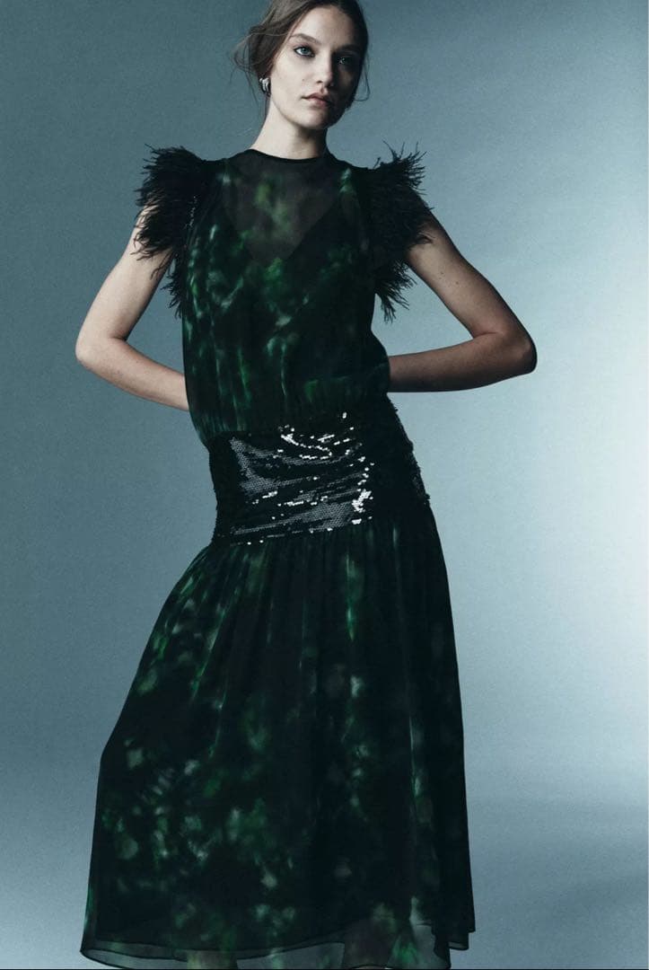 【ZARA】LimitedEdition プリント柄コンビワンピース　M