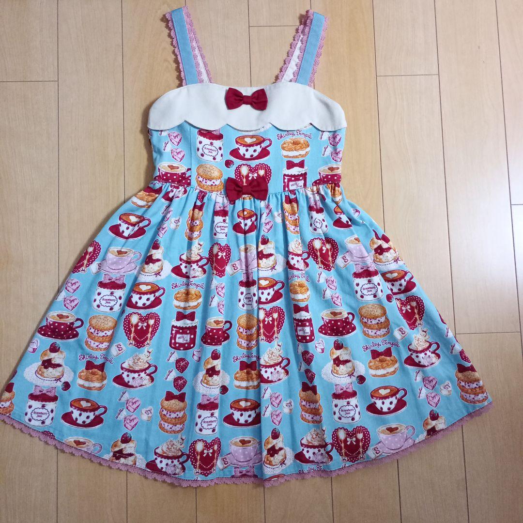 限定品　シャーリーテンプル　シャーリーカフェプリント　ワンピース　130　水色