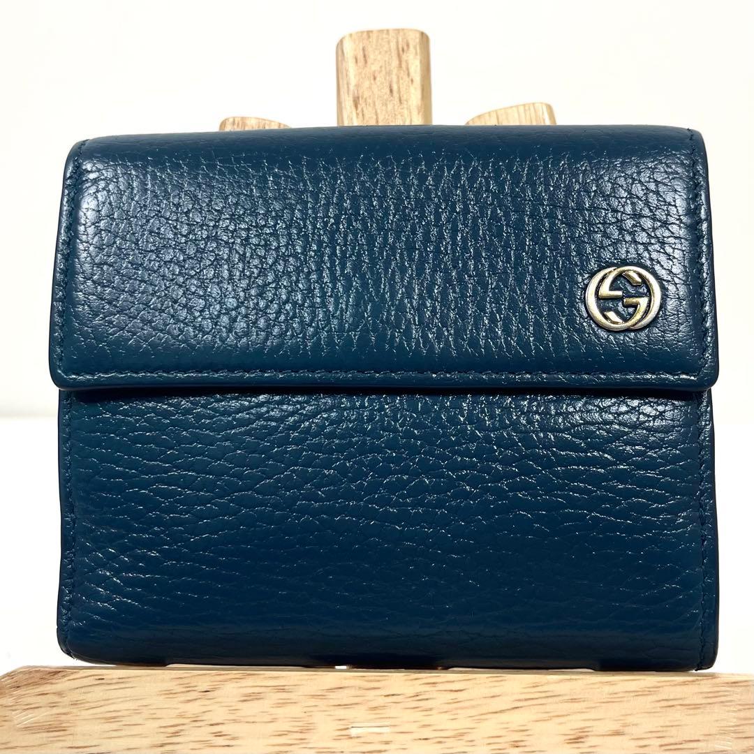 グッチ　インターロッキング　折り財布　ゴールドロゴ　コンパクト　レザー　極美品