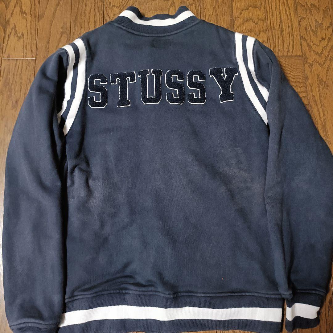 【人気デザイン】00s STUSSY スタジャン パイルロゴ刺繍 ネイビー