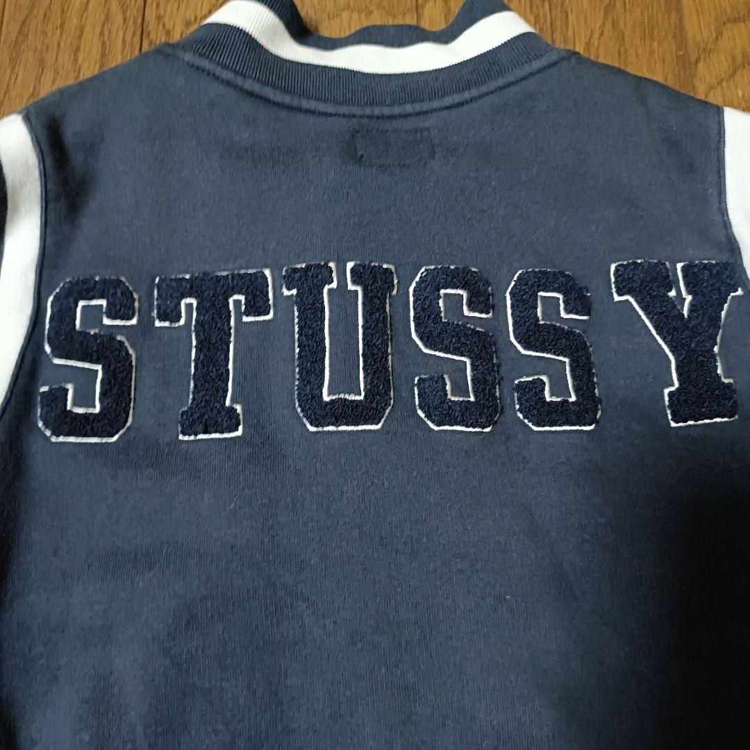 【人気デザイン】00s STUSSY スタジャン パイルロゴ刺繍 ネイビー