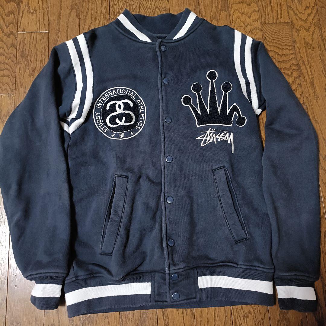 【人気デザイン】00s STUSSY スタジャン パイルロゴ刺繍 ネイビー