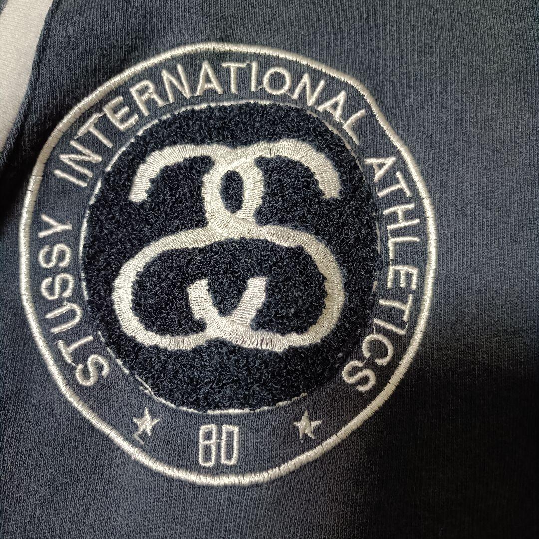 【人気デザイン】00s STUSSY スタジャン パイルロゴ刺繍 ネイビー