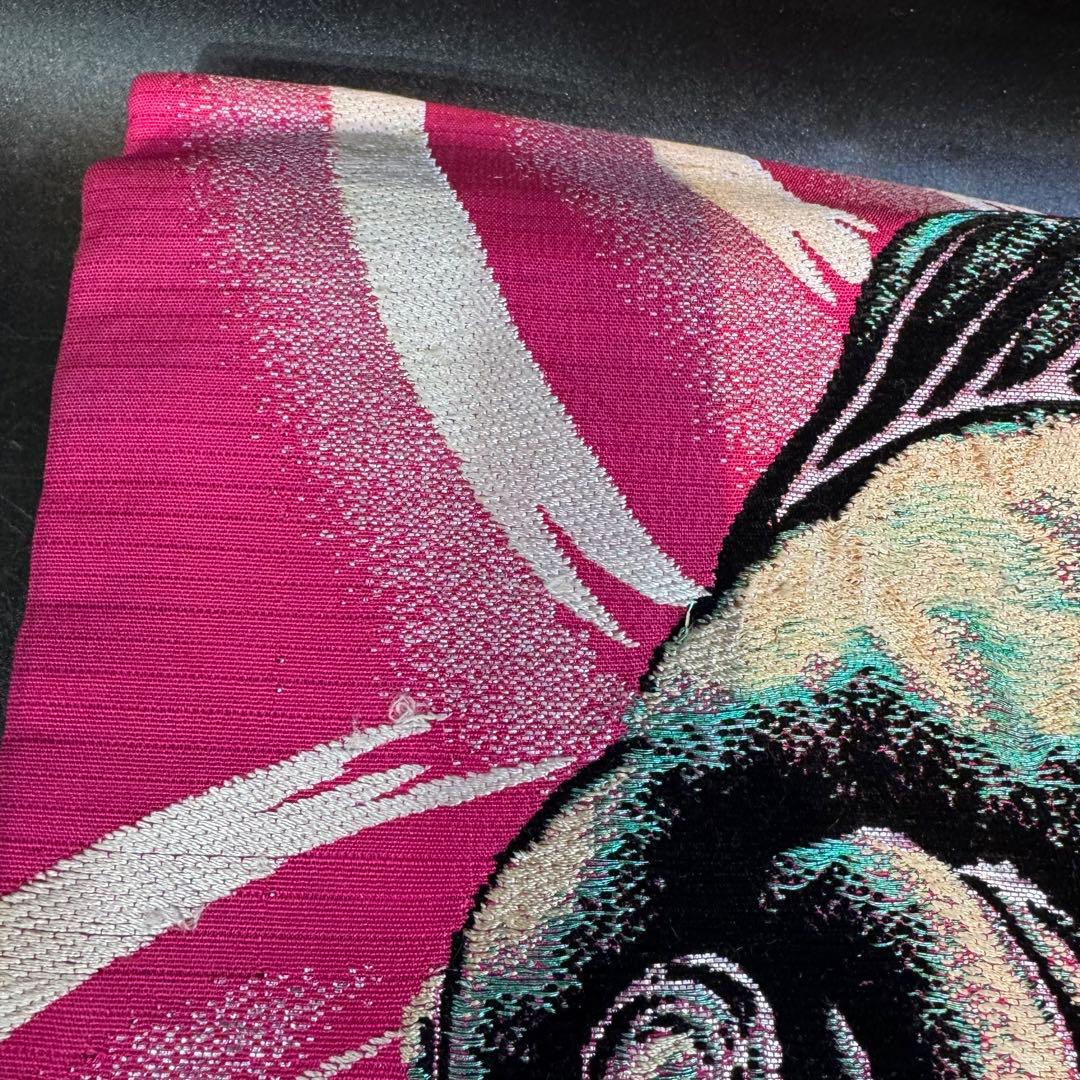 よ*る様 金魚柄 名古屋帯 ピンク　アンティーク　短尺　レトロホラー風　刺繍帯