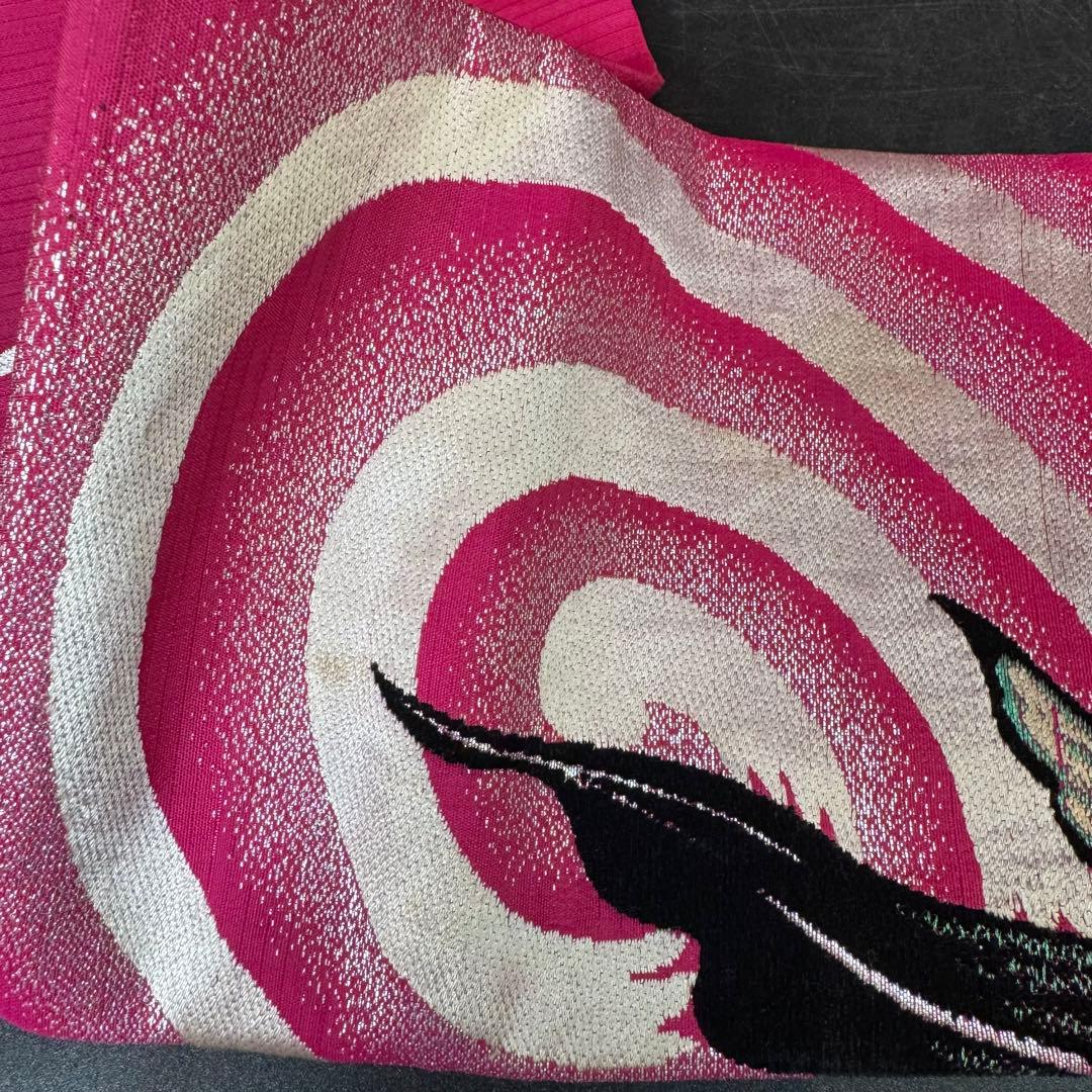 よ*る様 金魚柄 名古屋帯 ピンク　アンティーク　短尺　レトロホラー風　刺繍帯