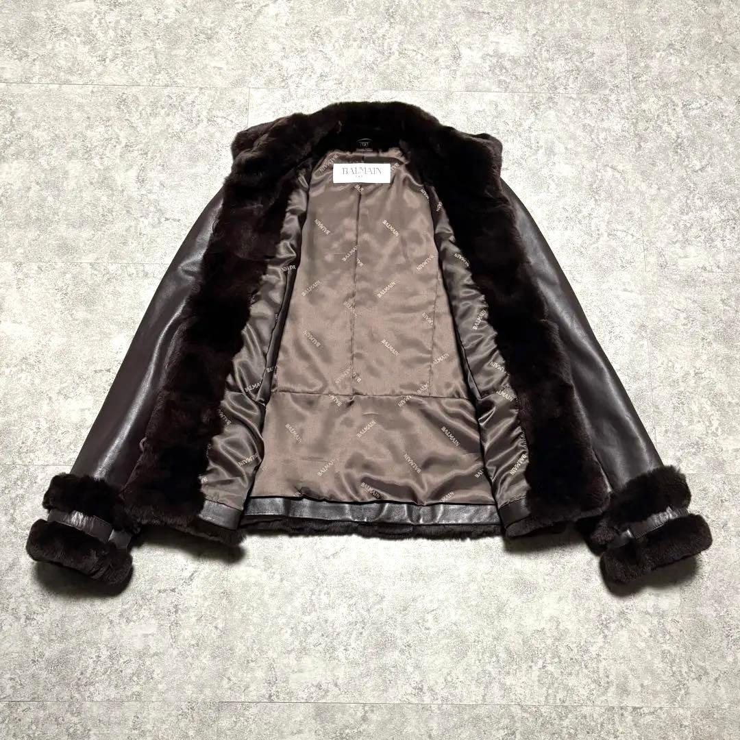 BALMAIN レザージャケット　羊革　毛皮 レッキスラビット　ブラウン　XL