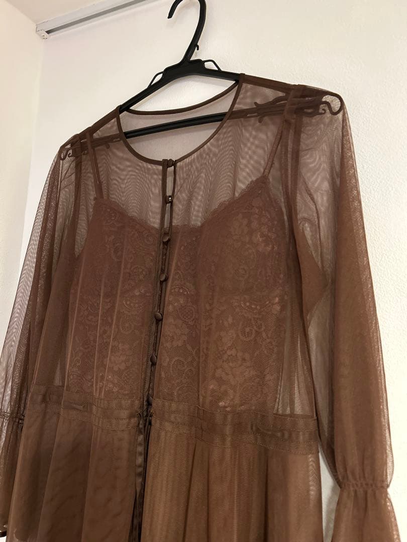 【美品】AMERI ブラウン シースルー袖 ロングドレス