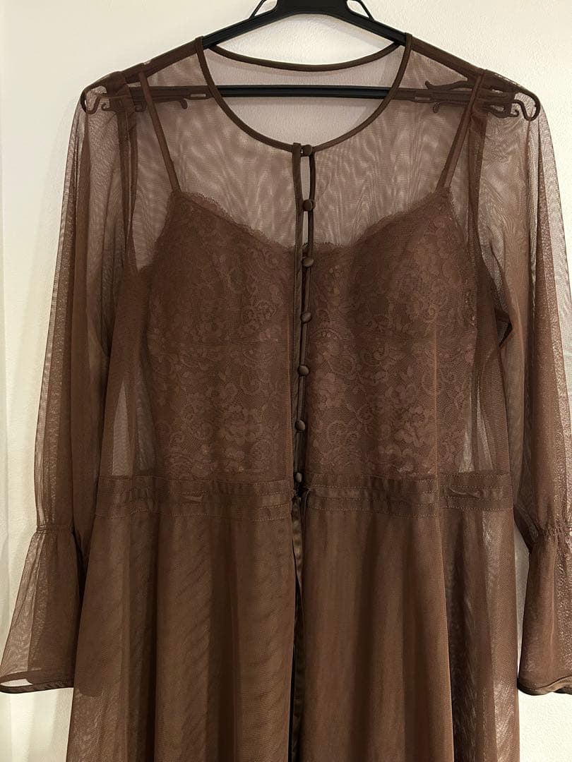【美品】AMERI ブラウン シースルー袖 ロングドレス