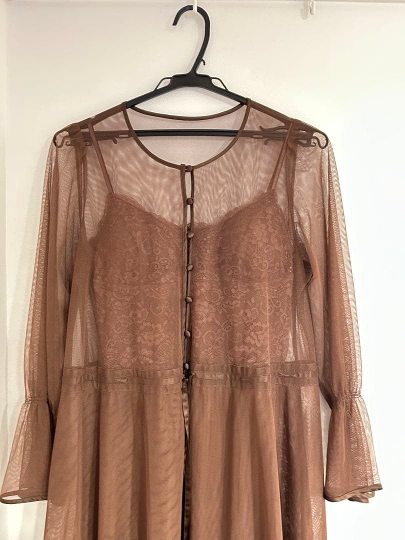 【美品】AMERI ブラウン シースルー袖 ロングドレス
