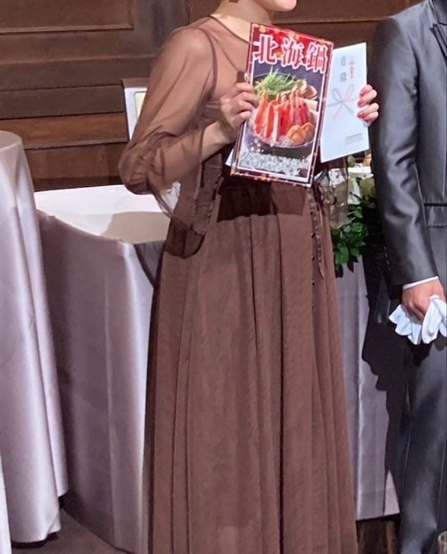 【美品】AMERI ブラウン シースルー袖 ロングドレス