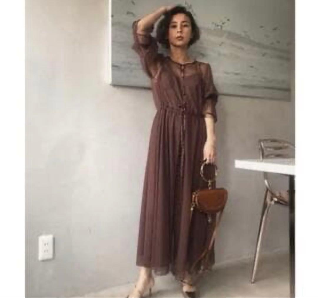 【美品】AMERI ブラウン シースルー袖 ロングドレス