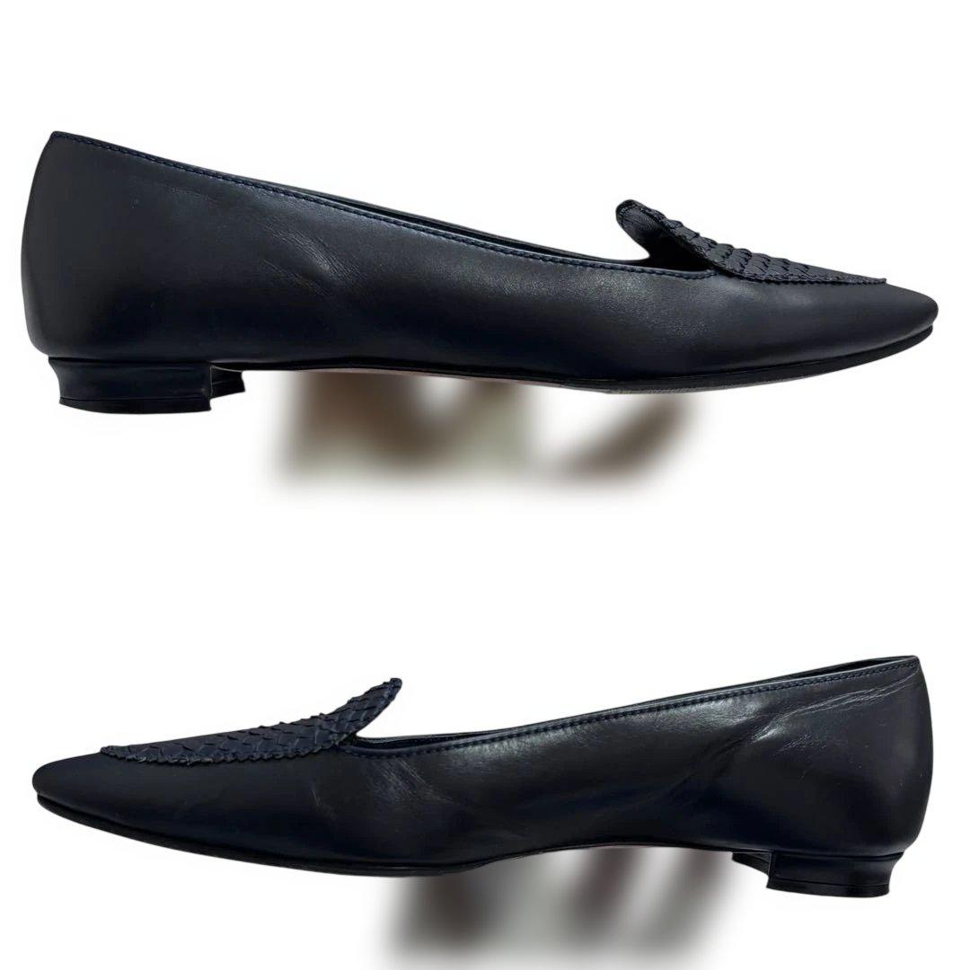 【極上の艶】マノロブラニク レザー パンプス 37 ネイビー フラット パイソン
