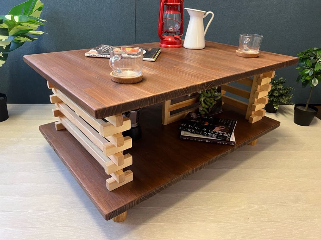 【オーダー】 ローテーブル 和風 木組縦格子 収納付き