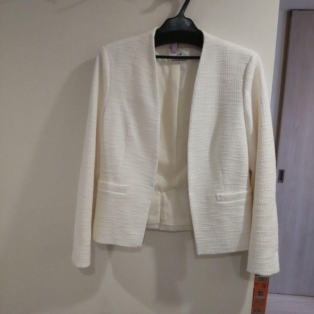 美品 23区 ツイード ジャケット ホワイト 38 ノーカラー カラーレス