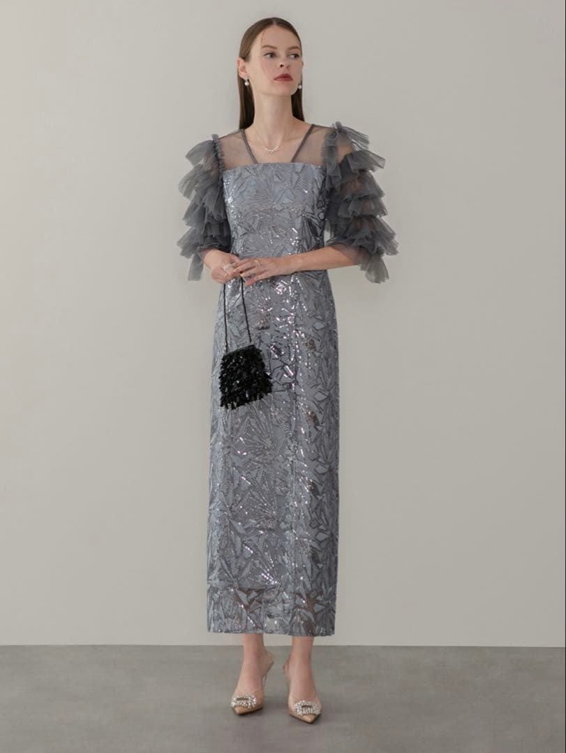 チュールフリルスリーブスパンコールIラインワンピースドレス結婚式二次会パーティー