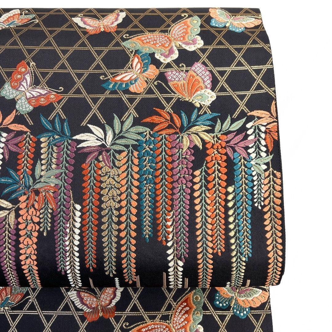 袋帯　能衣彩花段紋　藤の花　笹　蝶模様　籠目　金糸　着物　114b p ms