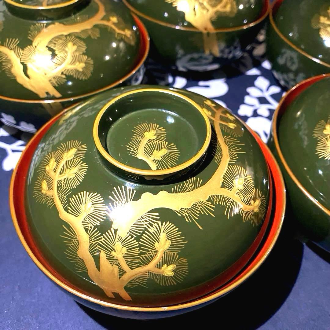 時代物骨董　大正以前　青漆吸物椀　天然木本漆　松柄金蒔絵　緑に内朱　懐石椀　五客