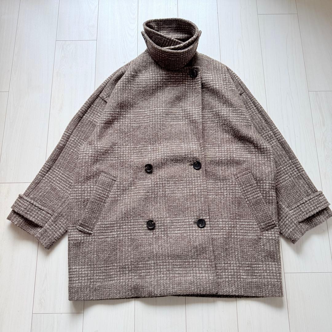 美品✨スピックアンドスパン　Wスライバーチェックハーフコート　ブラウン　36