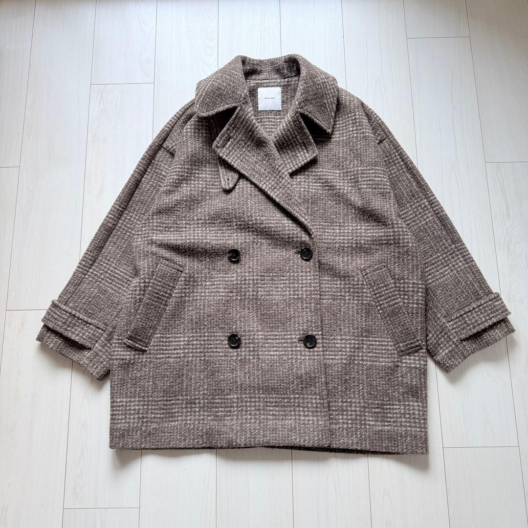 美品✨スピックアンドスパン　Wスライバーチェックハーフコート　ブラウン　36