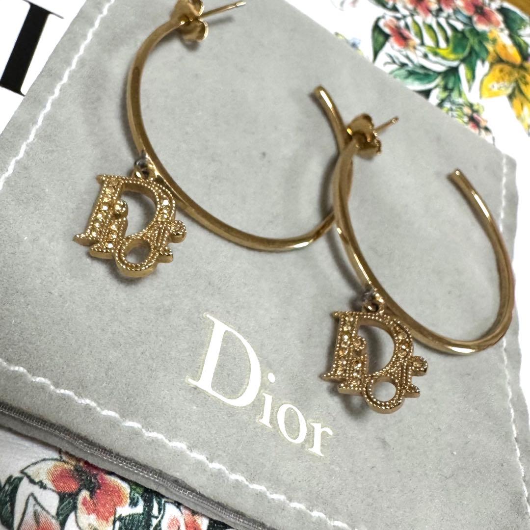 【極美品】Christian Dior フープピアス ラインストーンロゴチャーム