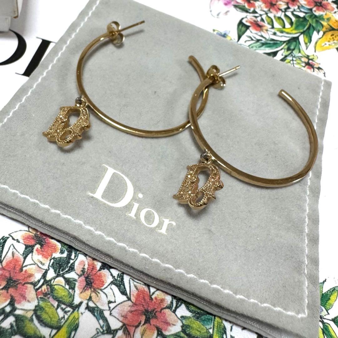 【極美品】Christian Dior フープピアス ラインストーンロゴチャーム