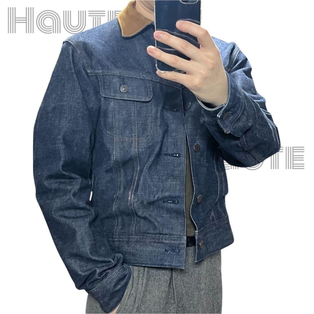 COMOLI ノンウォッシュ 襟レザー デニムジャケット レザーワークジャケット