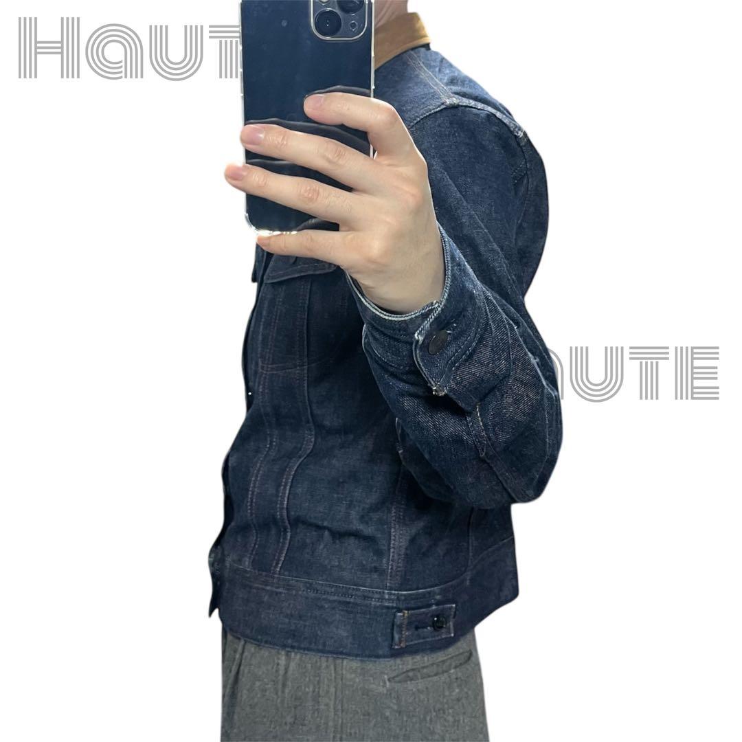 COMOLI ノンウォッシュ 襟レザー デニムジャケット レザーワークジャケット