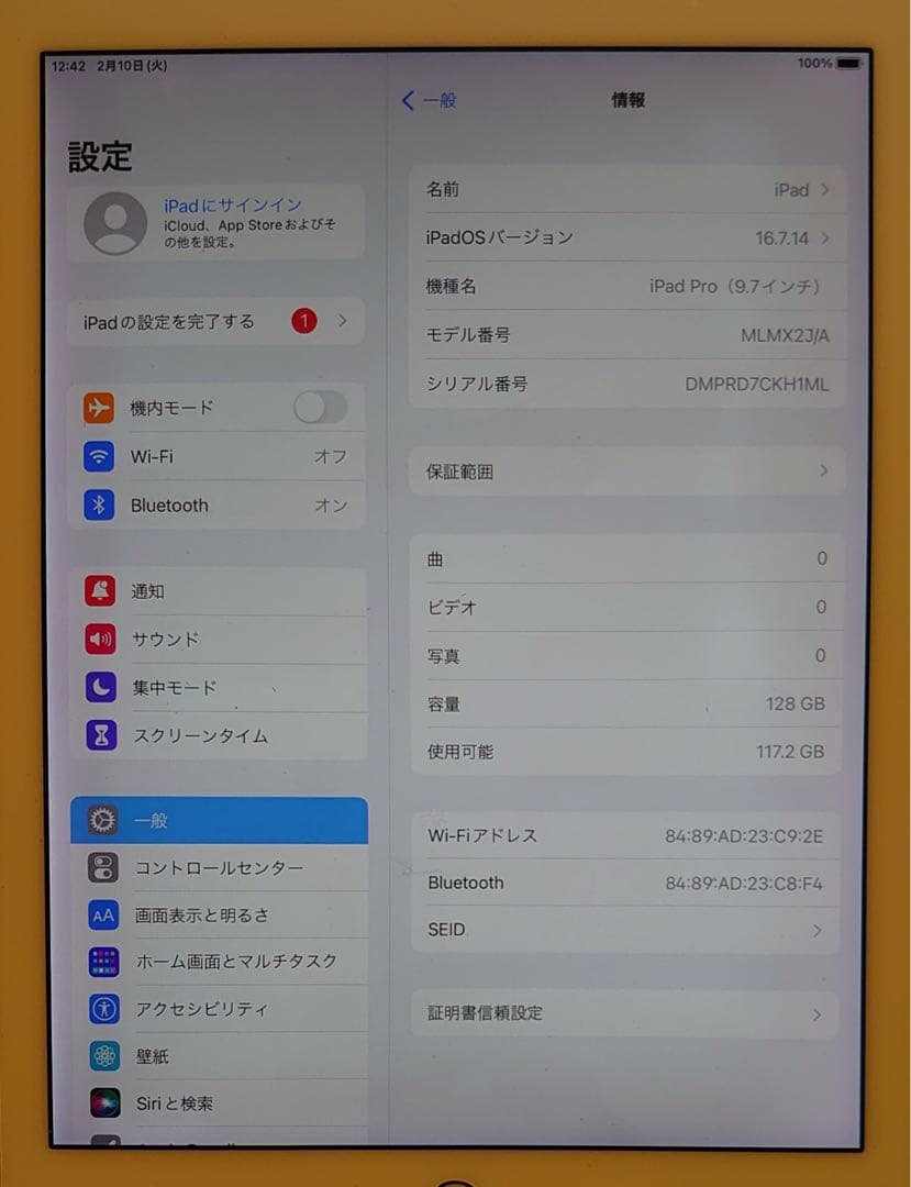 完動品iPad Pro9.7インチ(A1673)本体128GB送料込KH1ML