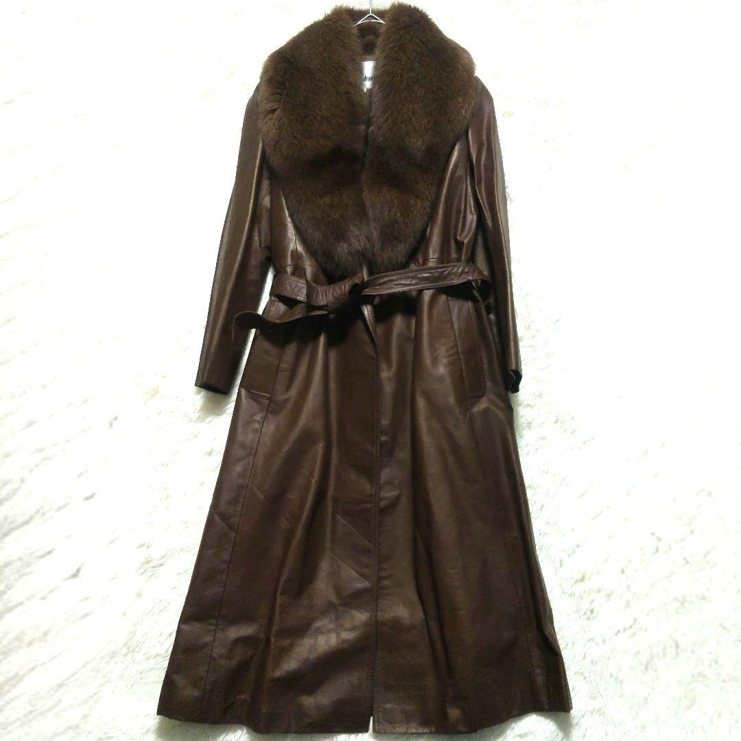 トレンチコート　ロング丈　レザー　女優襟　ビッグショール　ベルト付き　9