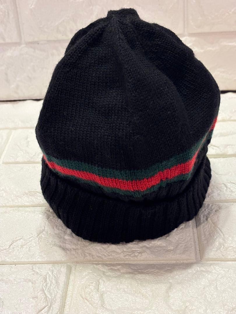 #美品グッチシェリーライン黒ニット帽 ストライプデザインユニセックス#Lサイズ