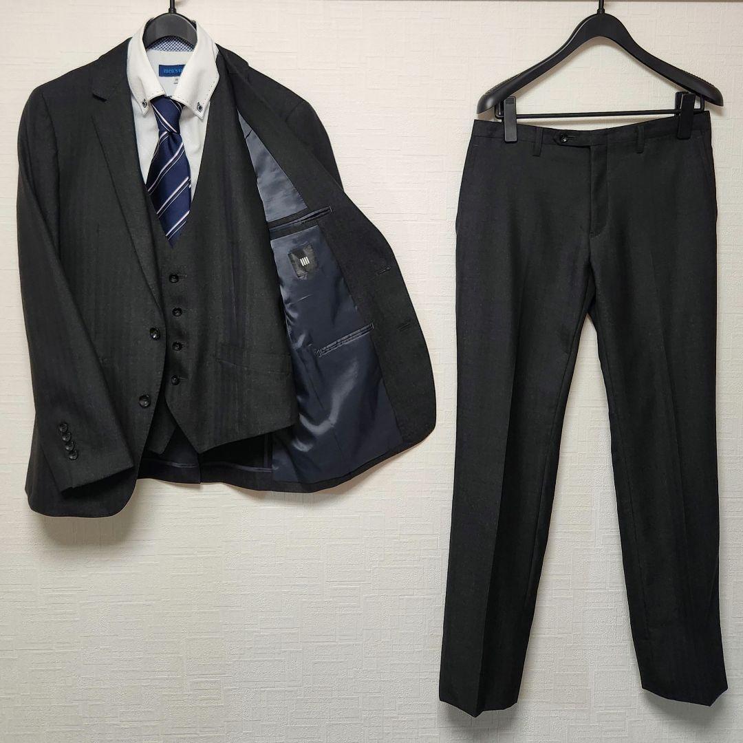 スーツセレクト　メンズ　スーツ　スリーピース　ダークグレー　標準体型