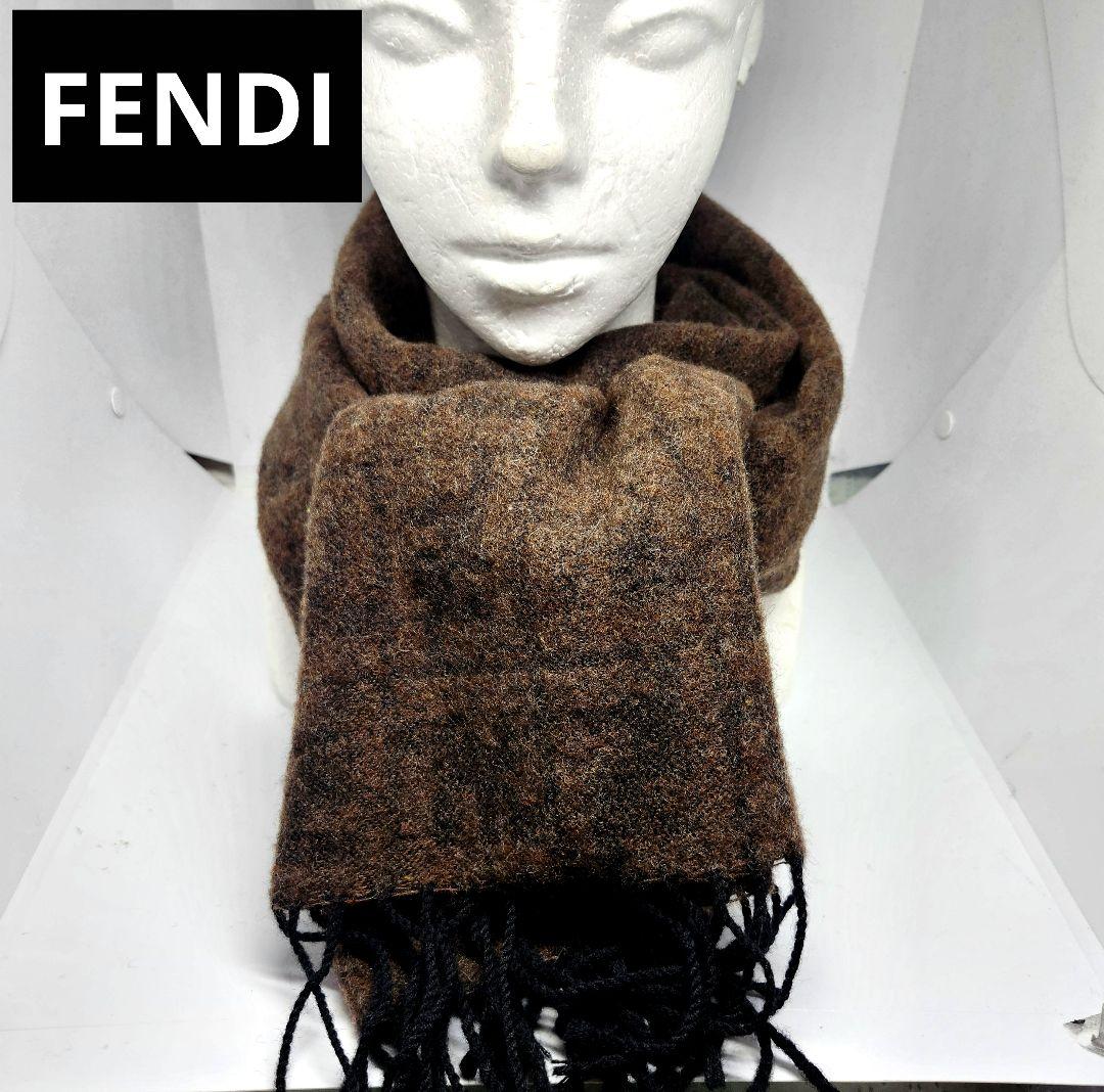 FENDI フェンディ マフラー ウール ロゴ 総柄 イタリア製 メンズ 茶色