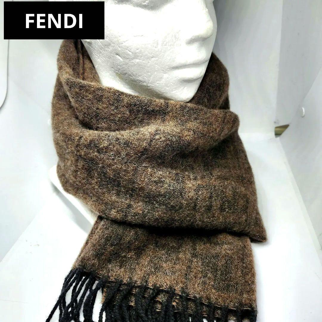 FENDI フェンディ マフラー ウール ロゴ 総柄 イタリア製 メンズ 茶色