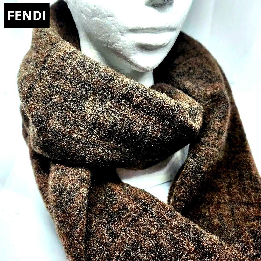 FENDI フェンディ マフラー ウール ロゴ 総柄 イタリア製 メンズ 茶色