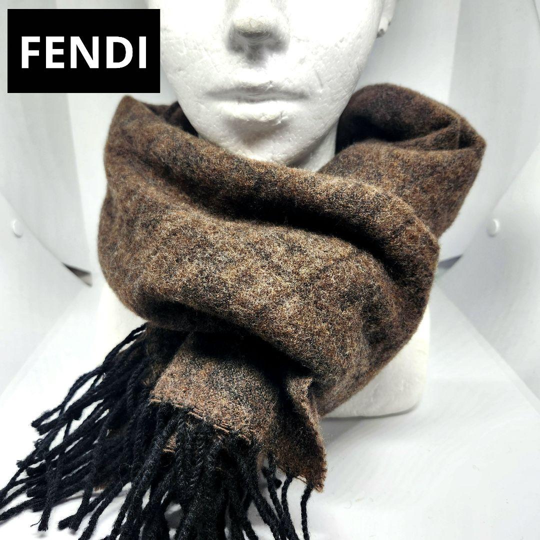 FENDI フェンディ マフラー ウール ロゴ 総柄 イタリア製 メンズ 茶色