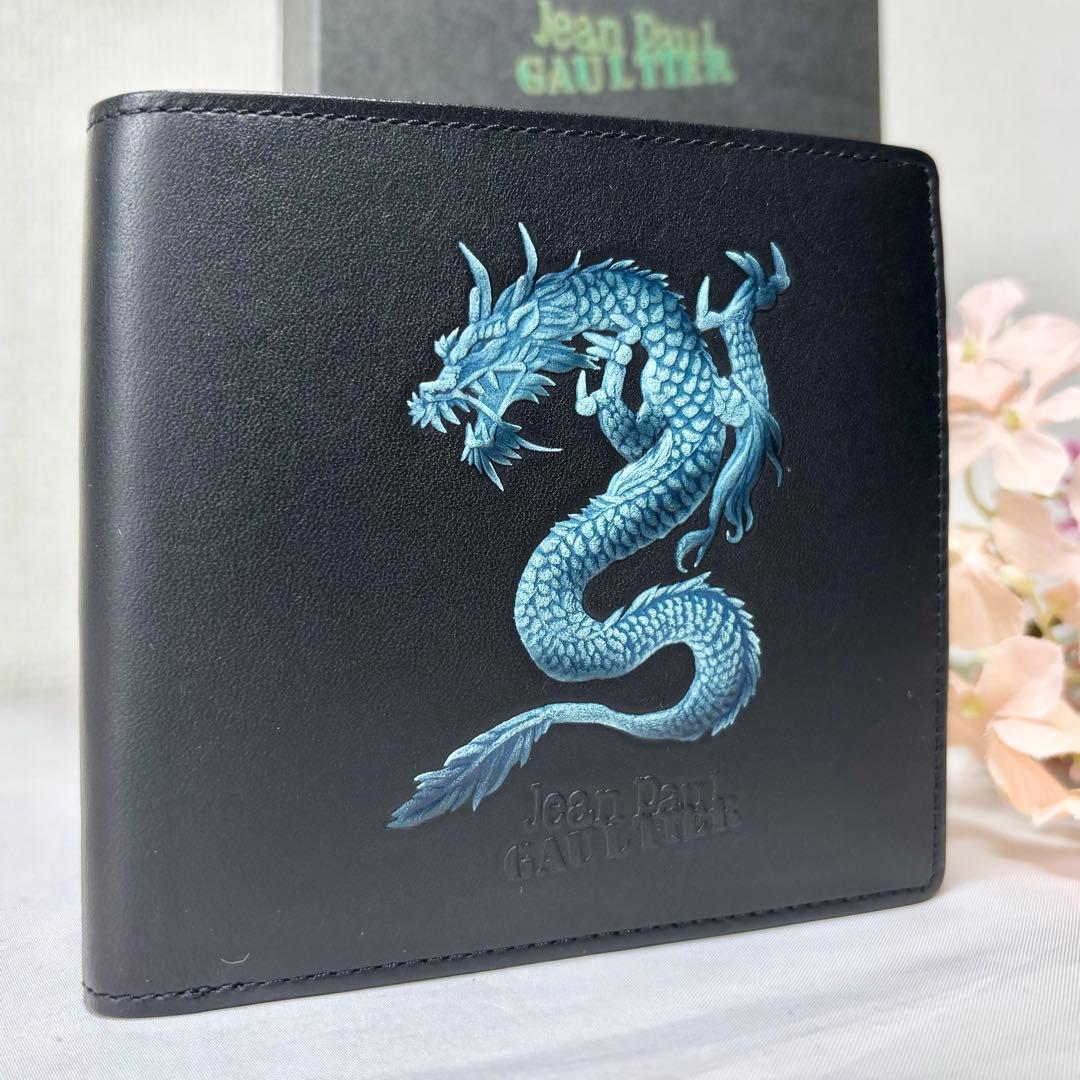 【新品】　ジャンポールゴルチエ　ドラゴン　二つ折り財布　ロゴ　ブラック　希少