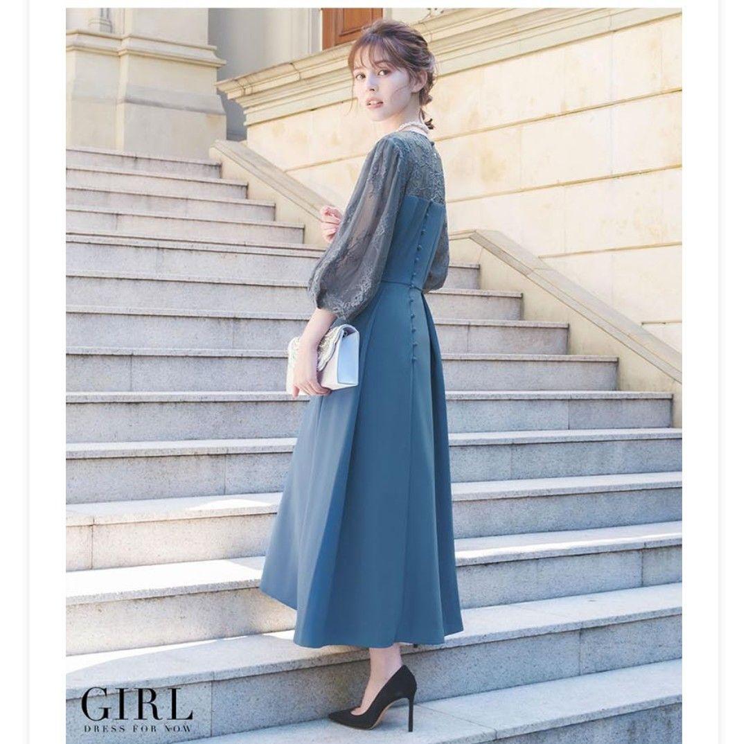 パーティーロングドレス　ブルー　レース