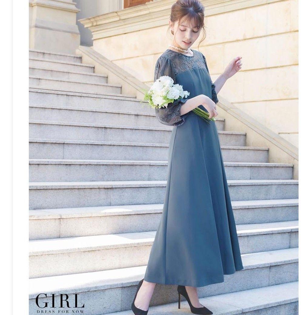 パーティーロングドレス　ブルー　レース