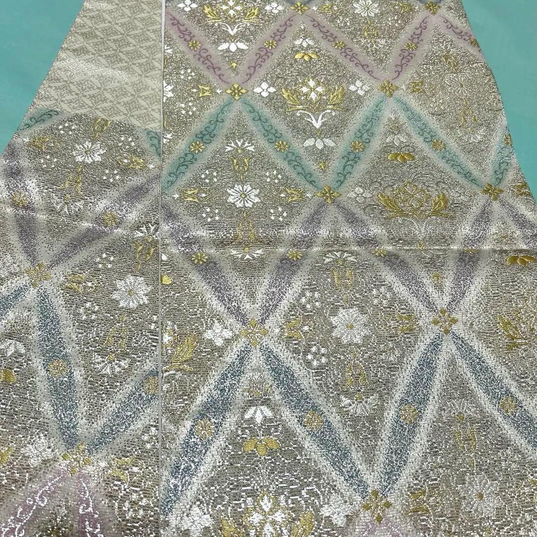 西陣織袋帯未仕立品 有栖川織物（有） 銀地菱取七宝紋　正絹