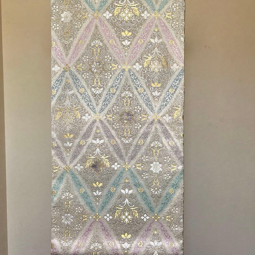 西陣織袋帯未仕立品 有栖川織物（有） 銀地菱取七宝紋　正絹