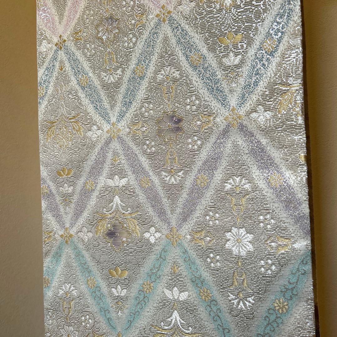 西陣織袋帯未仕立品 有栖川織物（有） 銀地菱取七宝紋　正絹