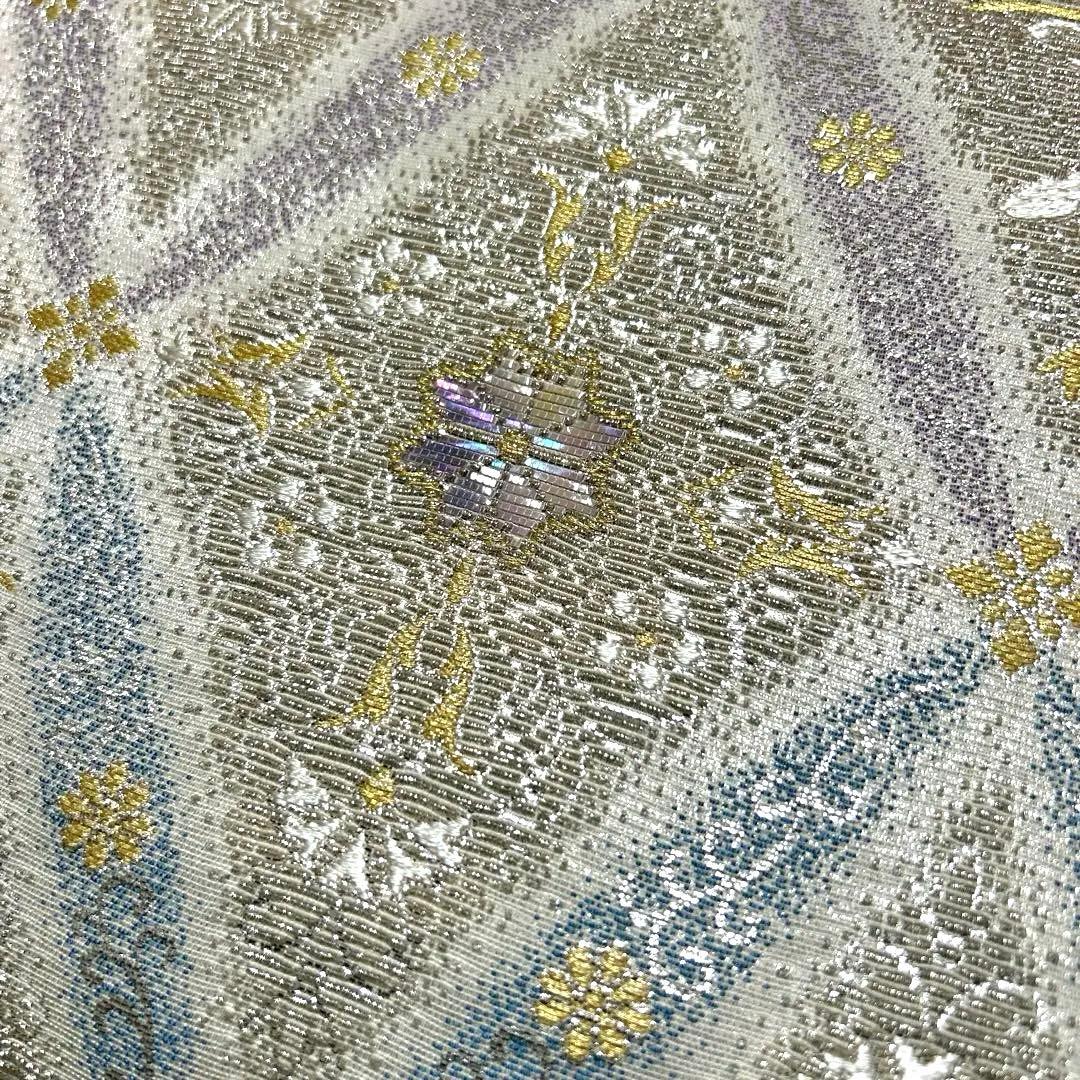 西陣織袋帯未仕立品 有栖川織物（有） 銀地菱取七宝紋　正絹