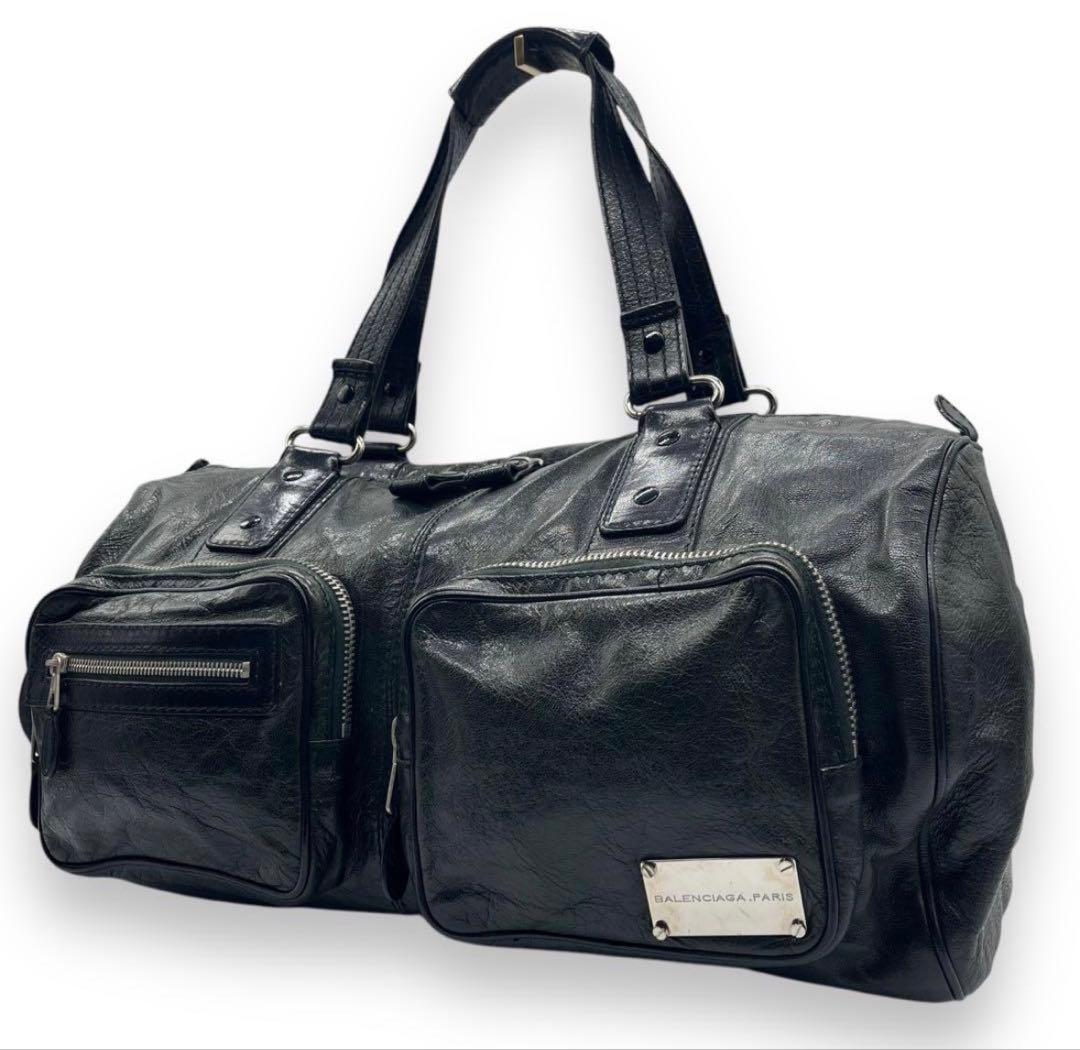 バレンシアガ　ボストンバッグ　ダークグリーン　ロゴ刻印プレート