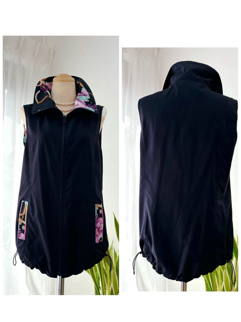 【極美品】レオナールスポーツ リバーシブルベスト 濃紺 花柄 ロゴ 38 ゴルフ